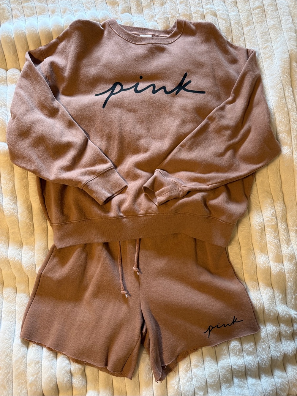 PINK Victoria's Secret Tan/Light Brown Pullover Sweatshirt and Short Set